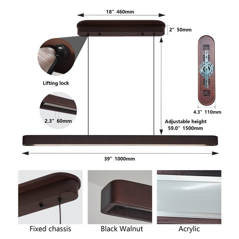 39" Walnut Wood Modern LED Pendant Light, Adjustable Hanging Light
