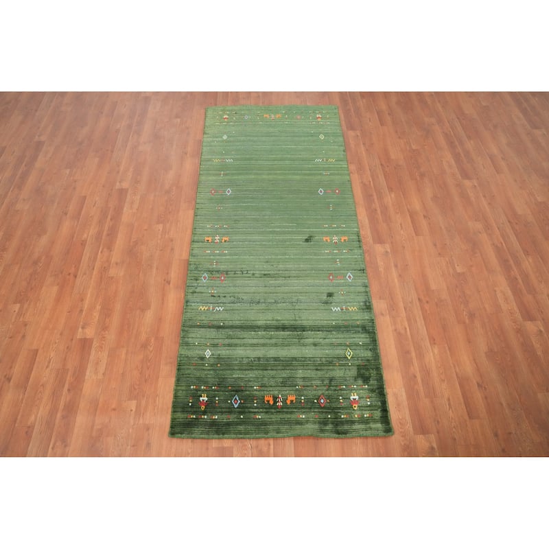 Hand Knotted Oriental Viscose Silk Carpet Tribal Animal Pictorial Green Gabbeh Runner Rug - 7' 6'' X 3' 0''