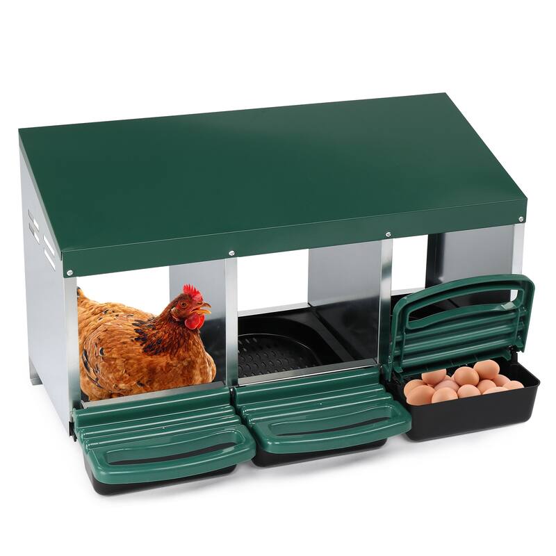 3 Compartment Chicken Egg Nesting Box with Roll Out Plastic Baskets for Hens - Green