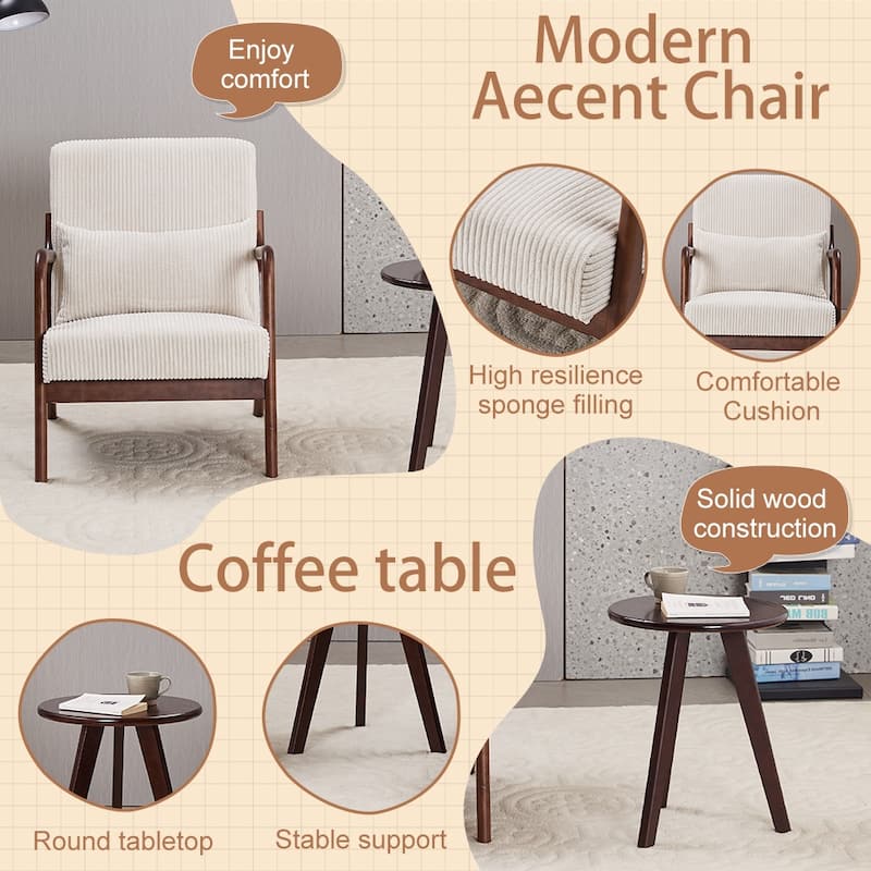 Anmytek Mid Century Modern Vintage Luxury Accent Chair and Coffee Table Set Leisure Living Room Bedroom Relaxation Furniture