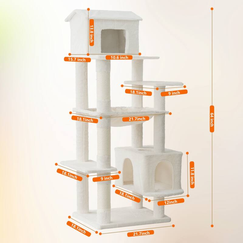 Beige Multi-Level Cat Tree with Unique Cat House, Hammock, Scratching Posts - Plush Cat Tower - Beige