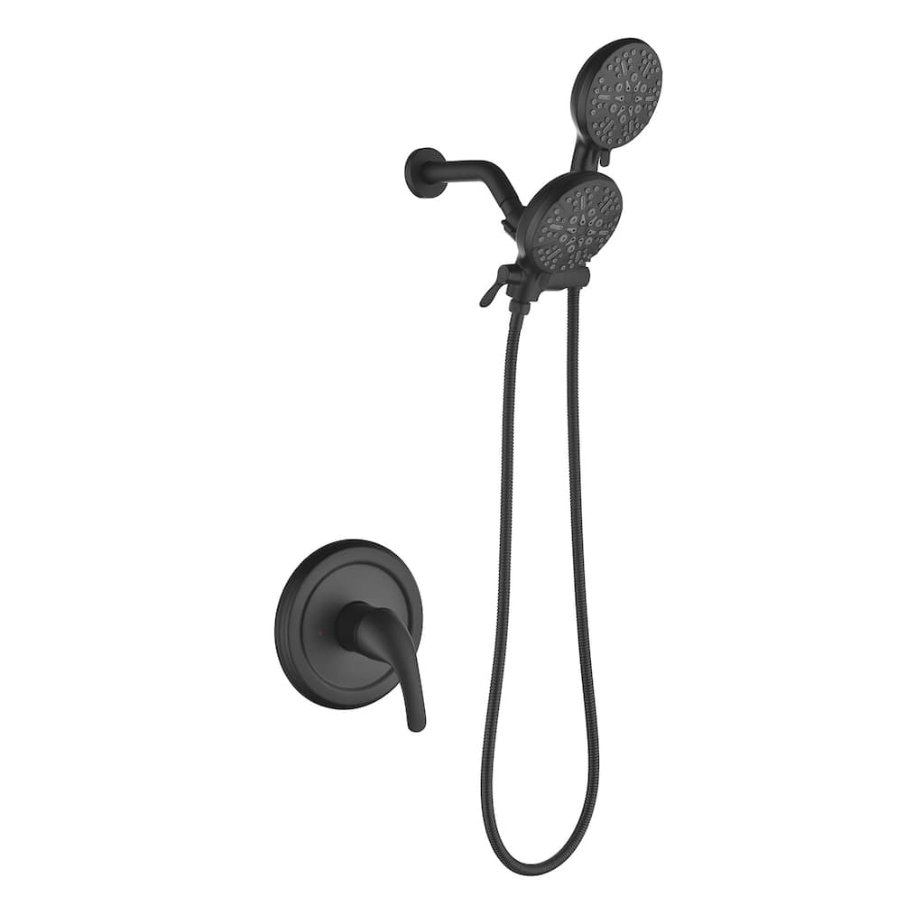 Wall Mount Shower Faucet with Rough-in Valve Brass Matte Black Dual Head Shower System with Hand Shower