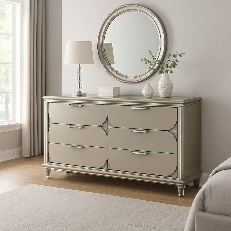 Zema 6 Drawer Wide Dresser, Silver Solid Wood with Acrylic Accents