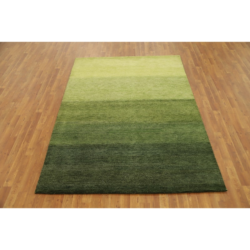 Hand Knotted Oriental 100% Wool Carpet Modern Stripe Green Gabbeh Area Rug - 7' 9'' X 5' 7''