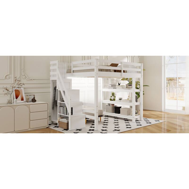 Roomfitters Twin/Full Size Loft Bed with Wardrobe, Storage Staircase and LED Light, White
