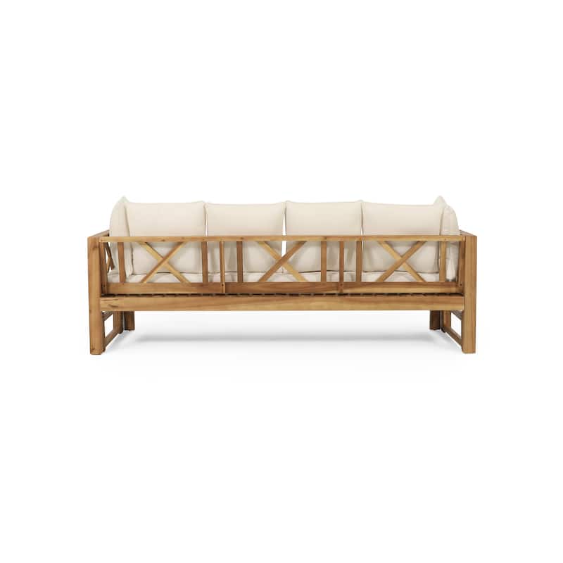 Outdoor 3-Seater Acacia Wood Sofa w/ Cushions, Extendable Patio Daybed