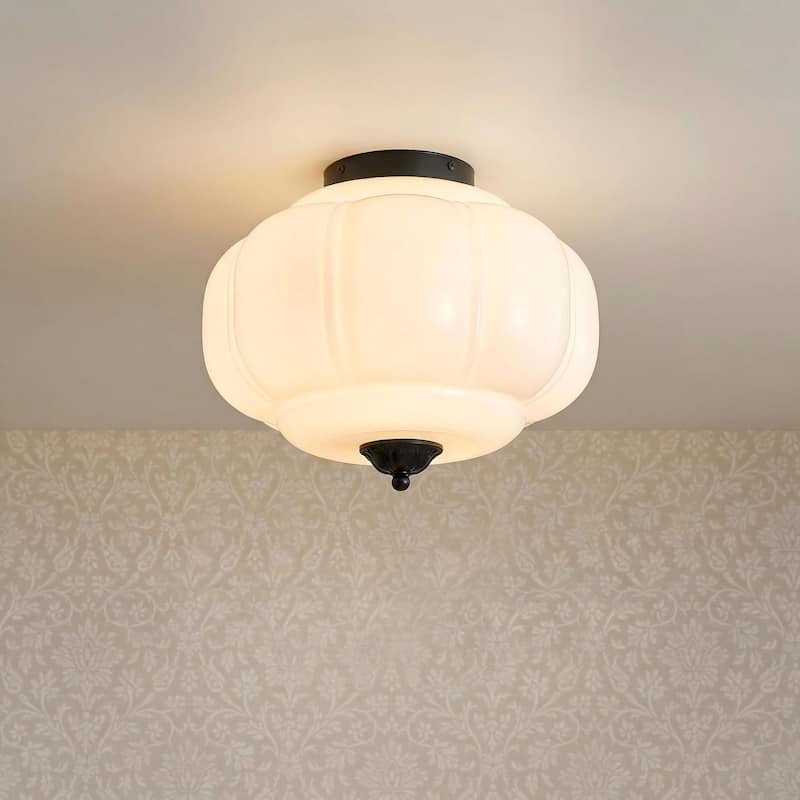 3-Light Transitional Metal & Glass Flush Mount with Charming Pumpkin Milk Glass Shade for Living Room - 15 in. W x 13 in. H - 15 in. W x 13 in. H - Black