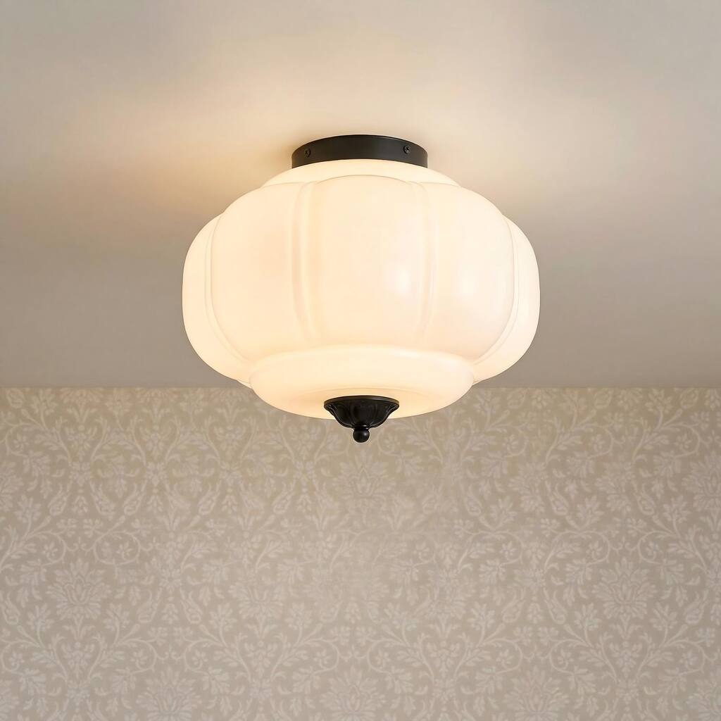 3-Light Transitional Metal & Glass Flush Mount with Charming Pumpkin Milk Glass Shade for Living Room - 15 in. W x 13 in. H