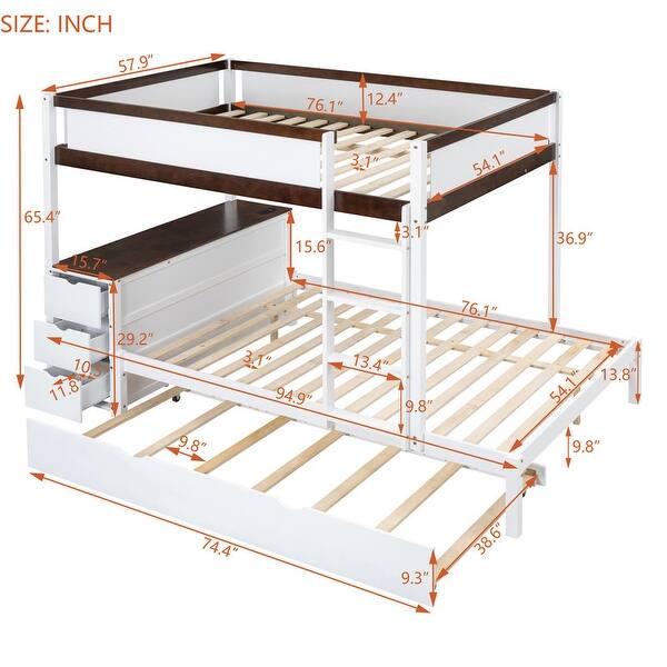 Full-over-Full Bunk Bed with Twin size Trundle, Storage and Desk,with 2 USB and 2 3-holes Plugs