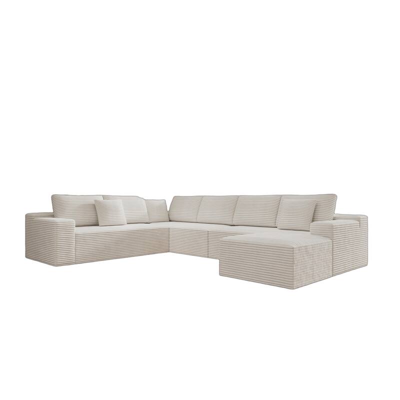 Roomfitters 137.8" Modular Sectional Sofa, 4-Piece Compressed Cloud Couch, No Assembly Required, Plush Corduroy, White