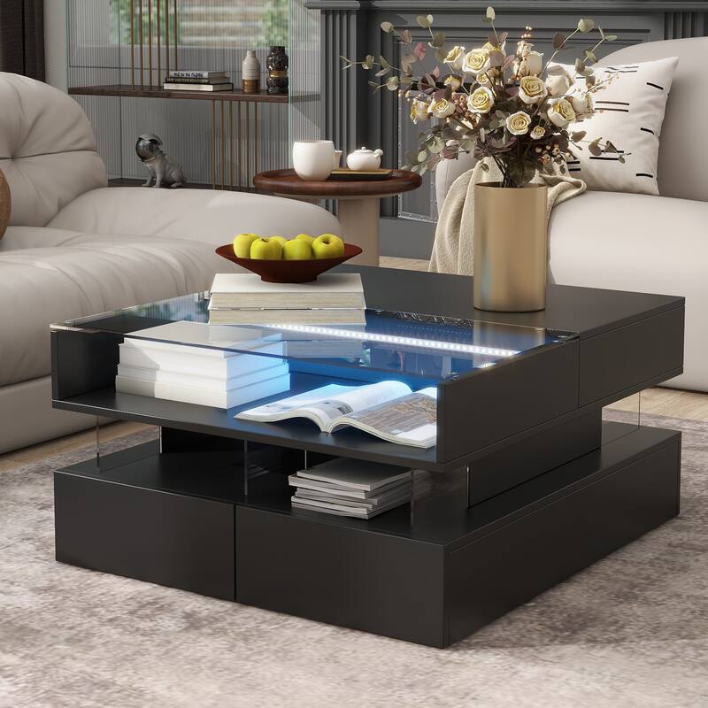 High Gloss Lift-Top Coffee Table with LED Lights and Hidden Storage, 2-Tier Modern Living Room Accent Table