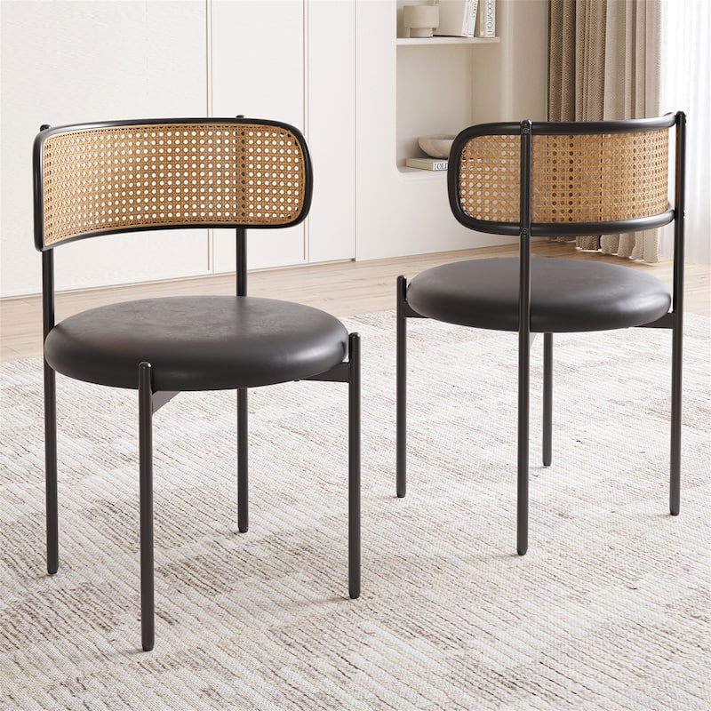PU Leather Upholstered Seat Dining Chairs with Woven Rattan Back (Set of 2)