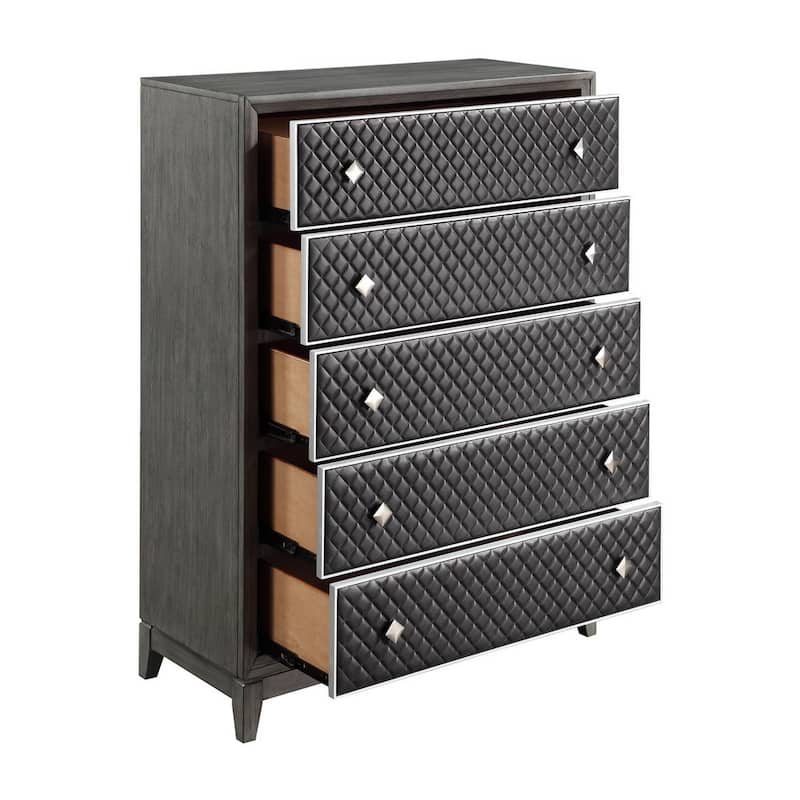 Stacy 55 Inch Tall Dresser Chest, 5 Faux Leather Upholstered Drawers, Gray