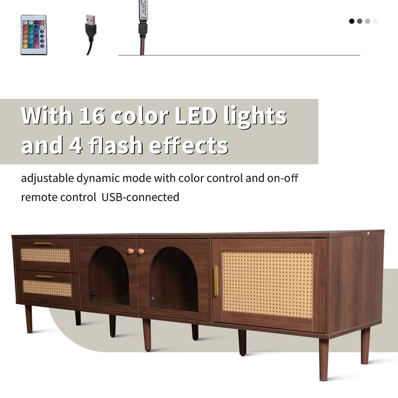 Modern Media Console with Rattan Design, LED Lights & Storage for TVs up to 80" - Living Room & Bedroom TV Stand