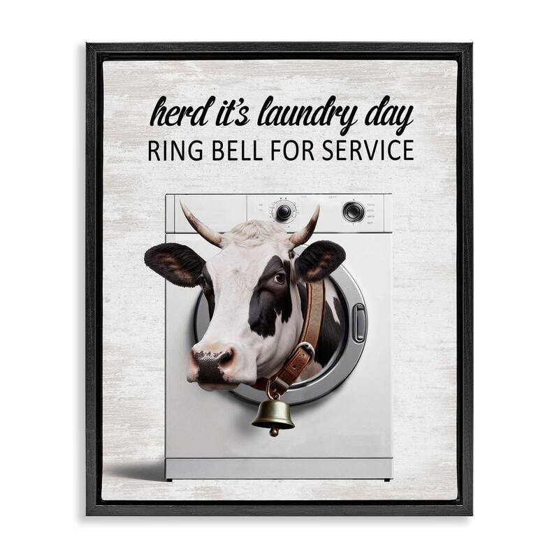 Stupell Ring Bell Laundry Service Cow Framed Floater Canvas Wall Art Design By Lettered and Lined - 17 x 21 - Black