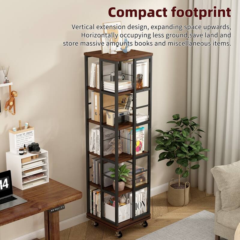 5 Tiers Rotating Bookshelf, Corner Bookcase, 360 Display Wood Spinning Bookshelves, Floor Standing Bookcase Narrow Shelf