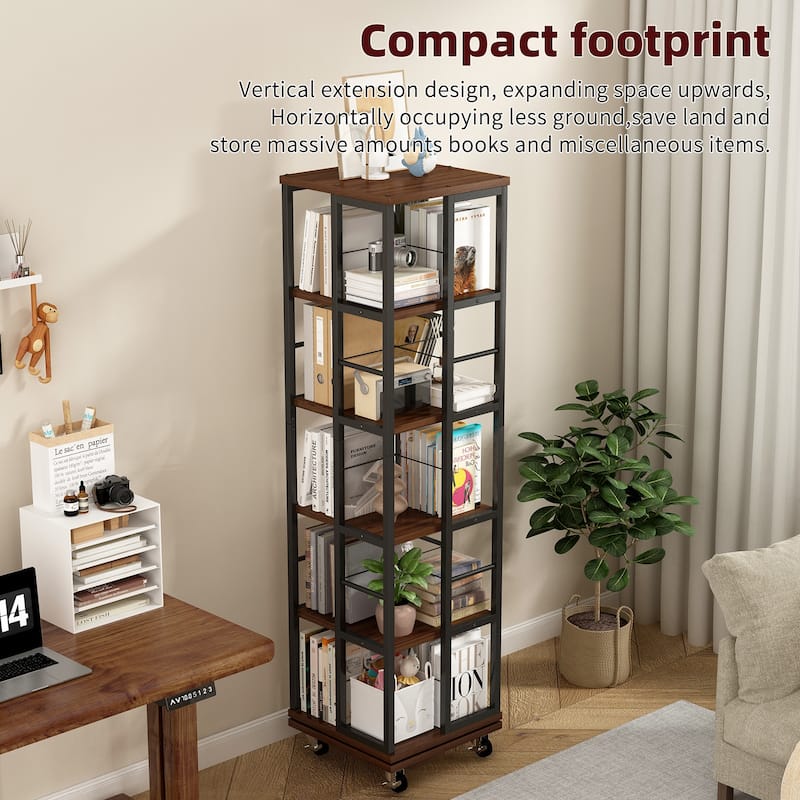 Anmytek 360 Rotating Corner Bookshelf with Wheels Space Saving Storage for Small Rooms