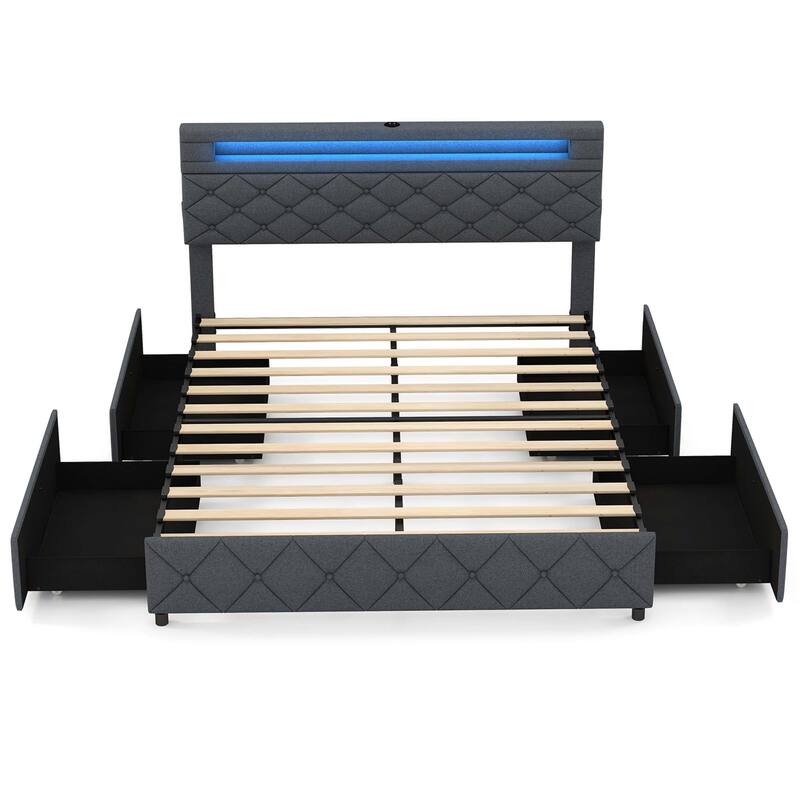 Costway Full/Queen Size Bed Frame with Led Lights & Charging Station & - Queen