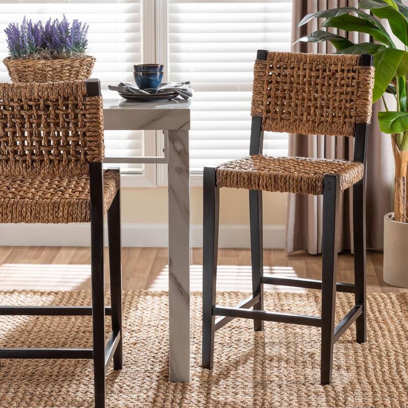 Alise Handwoven Seagrass Bar Stool with Mahogany Wood Frame - Bar-Height Chair for Kitchen or Home Bar, Earthy Brown
