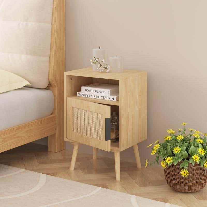 22.83" Solid Wood & Rattan Nightstand with Door, Shelf - Oak Finish Bedside End Table for Small Spaces