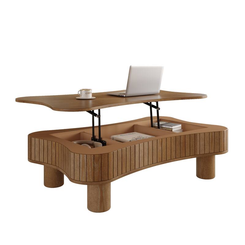 Lift Top Coffee Table for Living Room 42" Fluted Panel Hidden Storage, Silent Hydraulic Lift, Curved Safety Corners,Natural Wood
