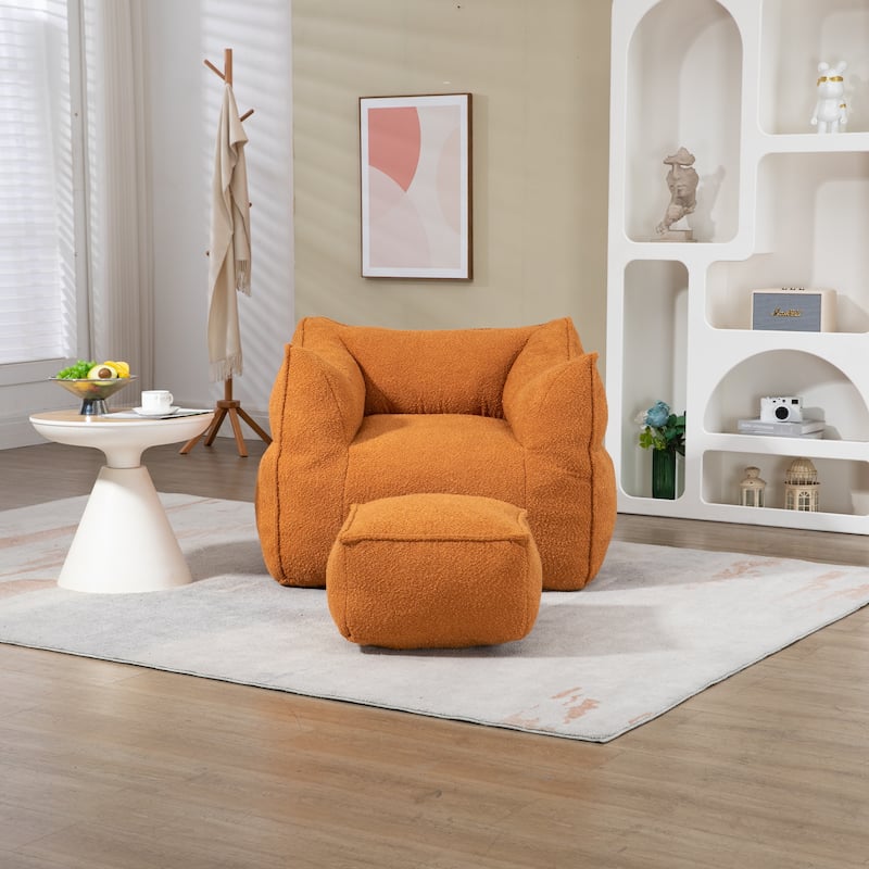 Boucle Upholstered Deep Seat Armless Square Bean Bag Chair with Ottoman - Orange
