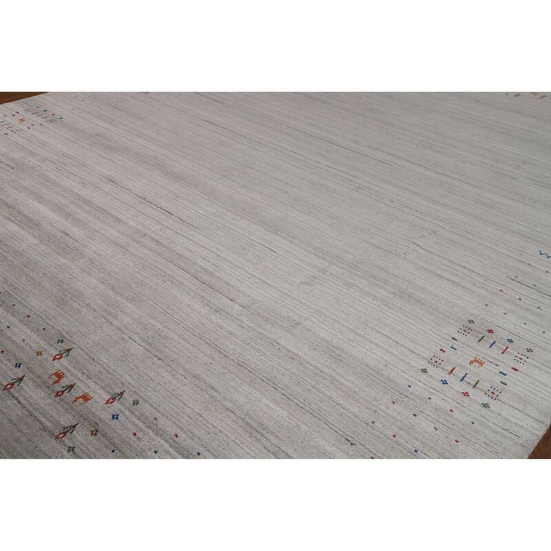 Silver Gray Striped Gabbeh Oriental Area Rug Hand-Knotted Silk Carpet - 9'3" x 11'7"