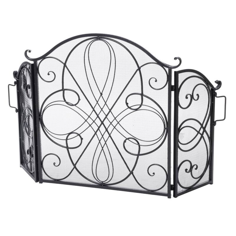Fireplace Screen 57 Inch, 3 Panel Scrolled Mesh, Black Silver Iron