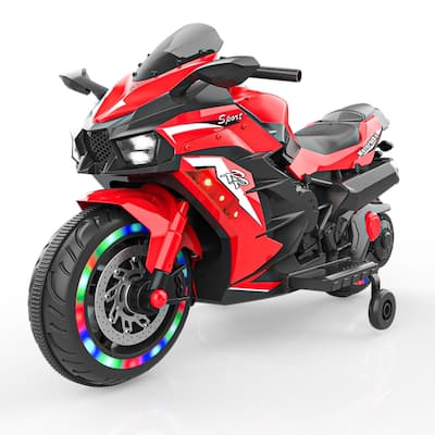 12V Kids Ride on Motorcycle, 2 Wheels Motorbike for Kids with Training Wheels,Lights,Music Red