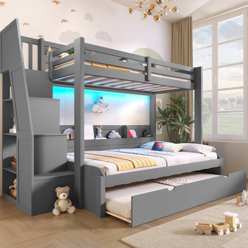 Twin over Full Bunk Bed with Storage Staircase - Trundle, Shelves, LED & USB for Kids Room