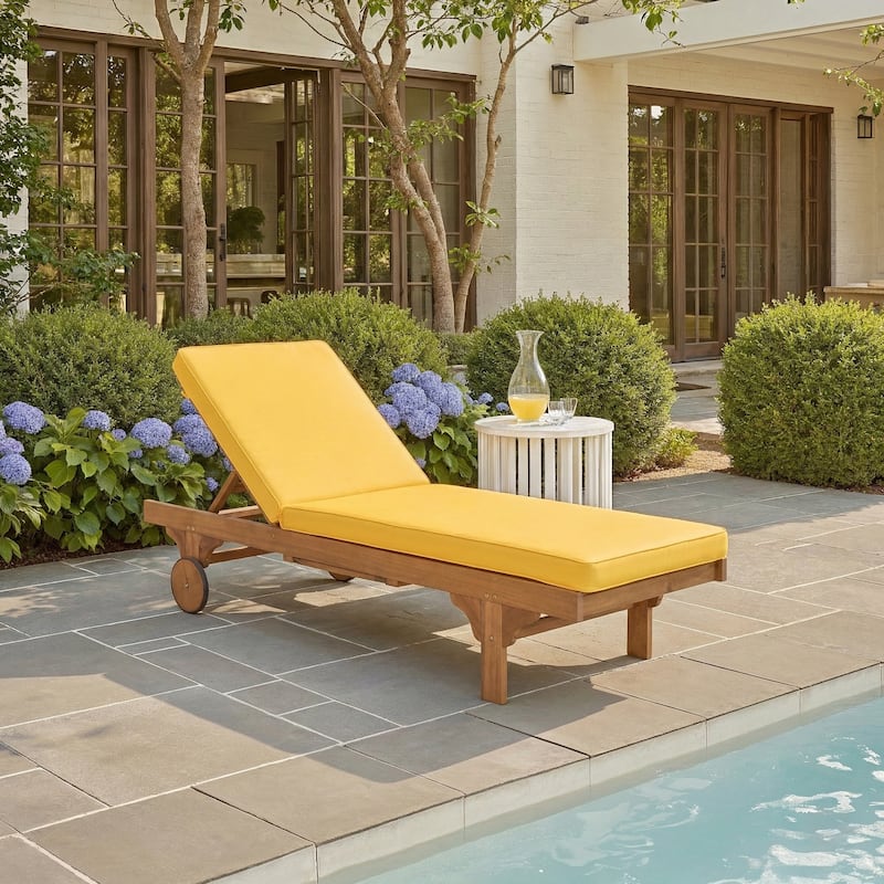 SAFAVIEH Outdoor Aubrie Adjustable Chaise Lounge Chair with Wheel. - Natural/Yellow.