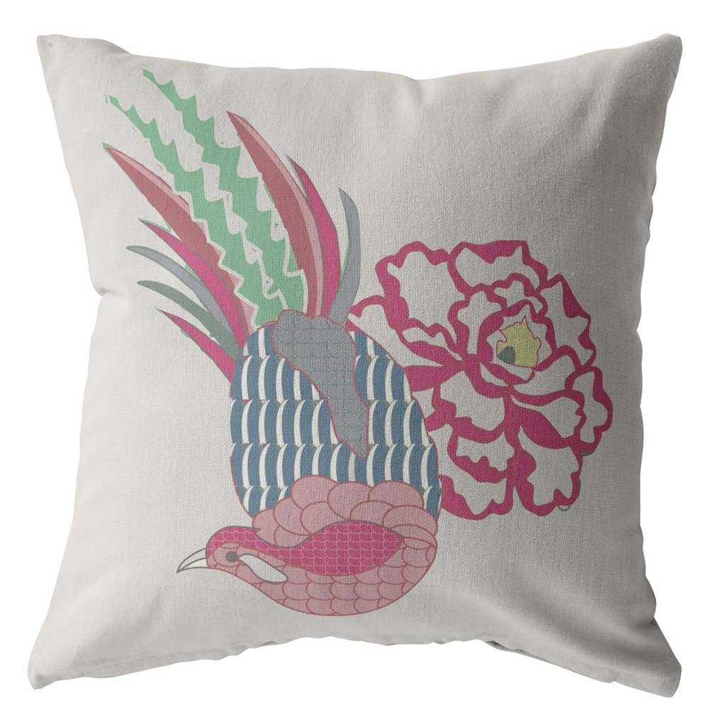 18" Pink White Peacock Suede Throw Pillow