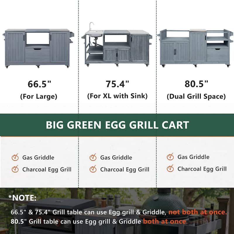 80.5"Kitchen Island,Solid Wood Grill Cart with Stainless Steel Top,Drawer for Large Big Green Egg and 21"/28"Blackstone Griddle