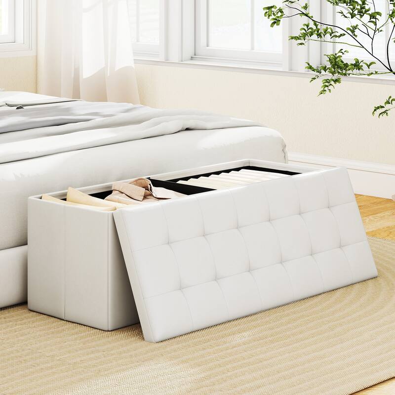 43 Inch PU Leather Storage Ottoman Bench with 38 Gallon Capacity Removable Divider and Foam Cushion for Living Room Entryway