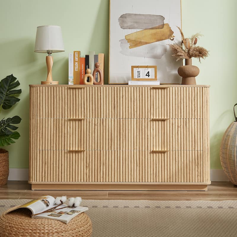 55" Modern Wave-Design Dresser – 6-Drawer Chest with Curved Fronts, Multi-Functional as TV Stand or Storage Organizer -  Oak