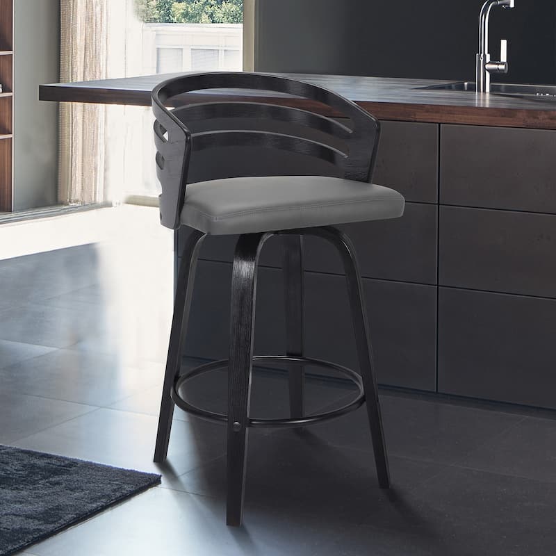 Carbon Loft Evan Swivel Bar Stool in Black Brush Wood and Grey Faux Leather - Counter Height