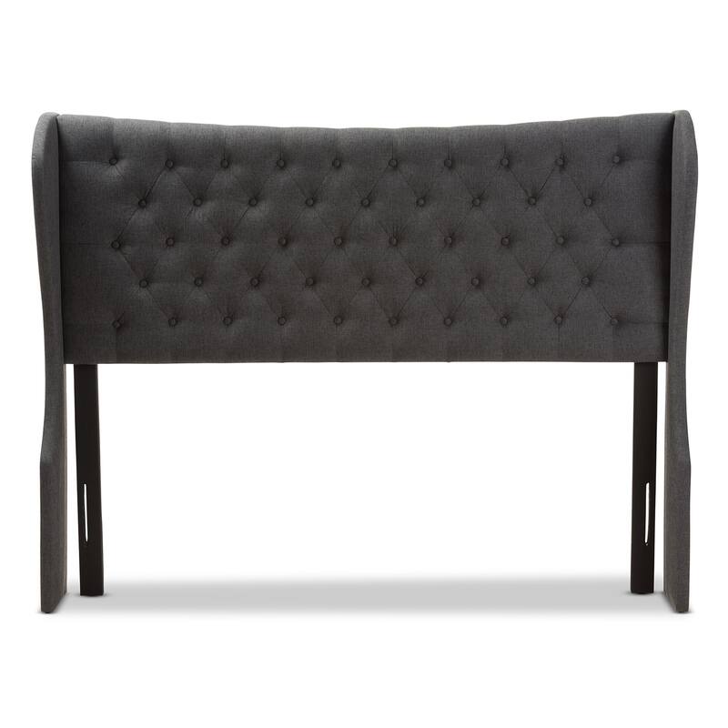 Modern Dark Grey Fabric Button Tufted Queen Size Winged Headboard with Padded Upholstery and Adjustable Legs
