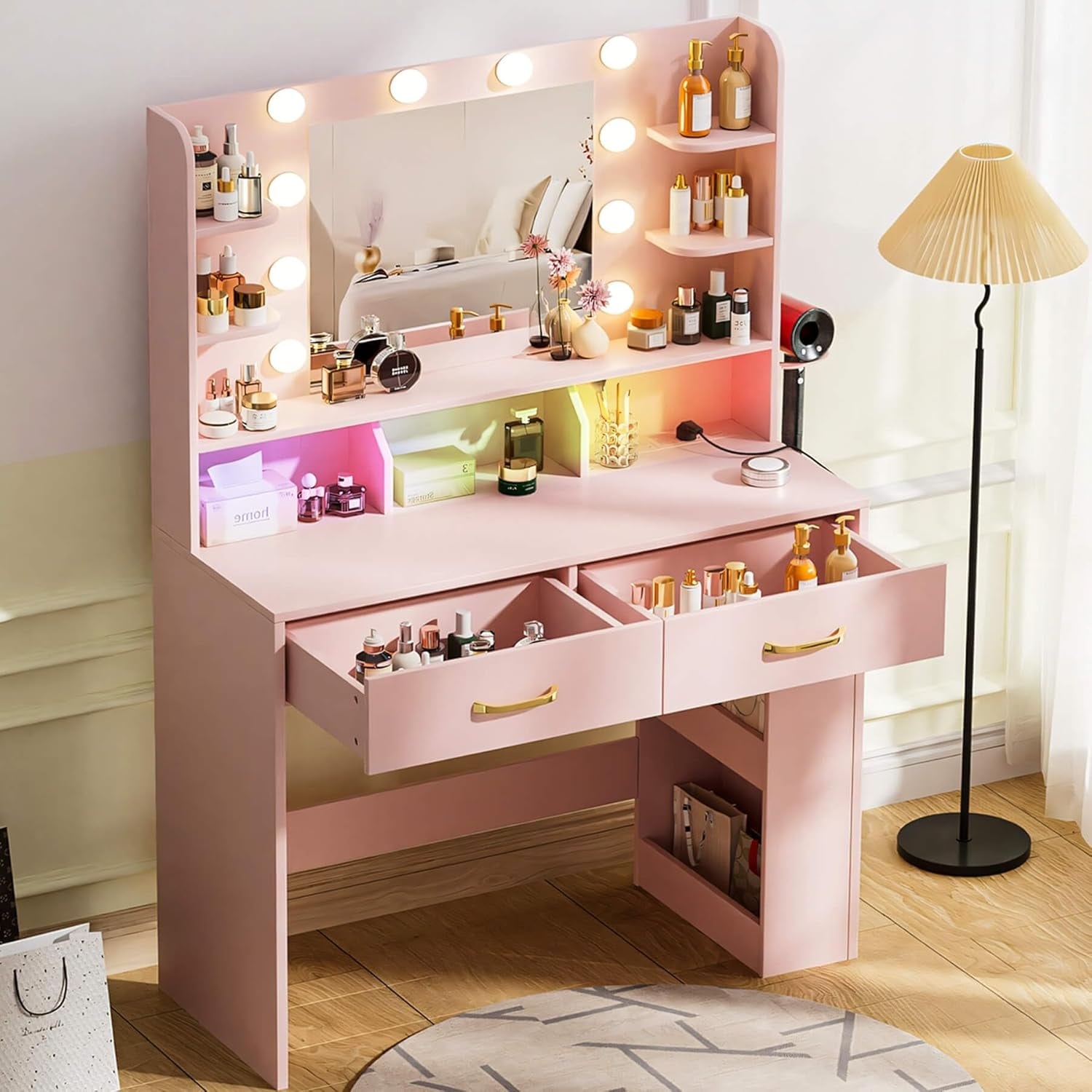 Lighted Vanity Desk with Mirror, Power Outlet, RGB LED, Adjustable Brightness, Large Storage, Pink
