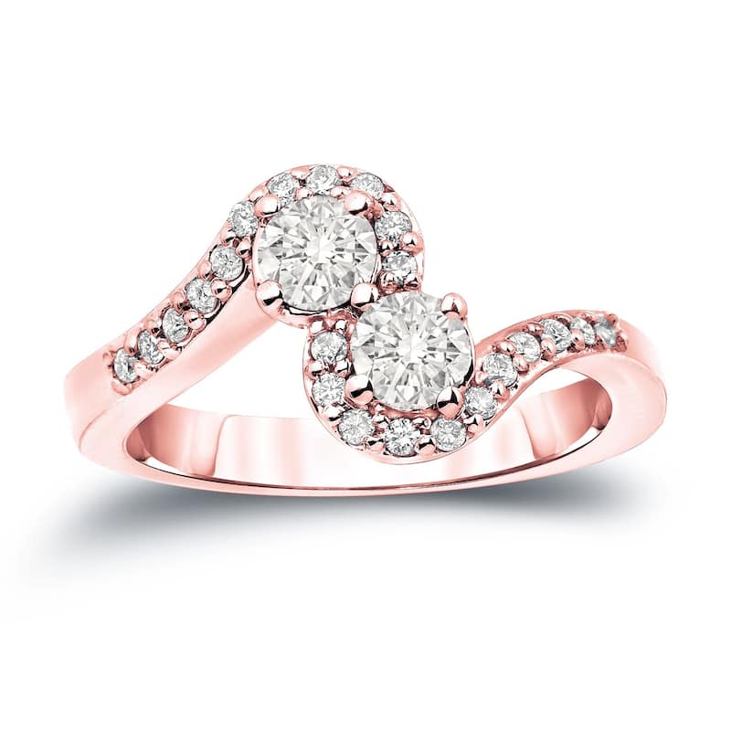 Auriya 14k Gold 3/4ct TDW Round 2-Stone Diamond Halo Engagement Ring - 4 - Rose