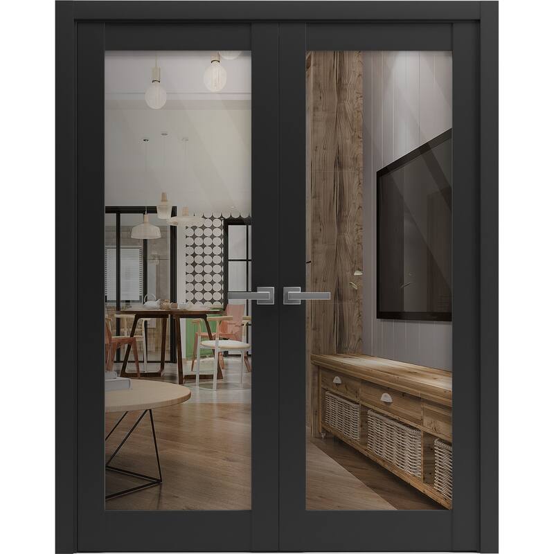 Solid French Double Doors 36 x 80 inches | Lucia 2166 Matte Black Clear Glass