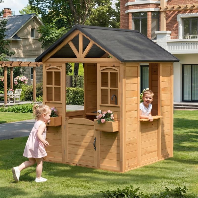 Kids Wooden Adventure Cottage Playhouse, Outdoor Playhouse with Functional Door, Windows, Service Station and Flower Pot Holders