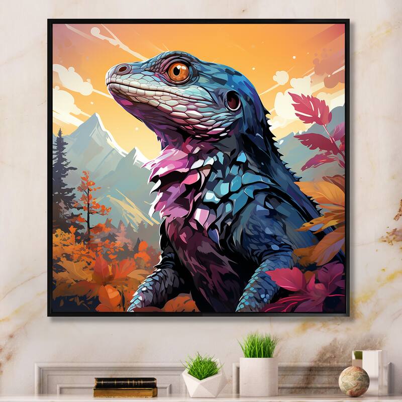 Designart "Salamander Reptile Portrait I" Reptile/Amphibian Blue Wall Decor - Modern Entryway Framed Wall Art Print - 30 in. wide x 30 in. high - Black