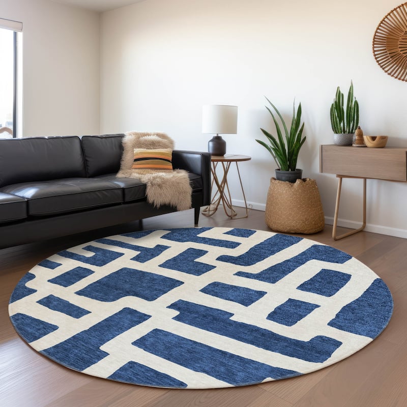 Premium Washable Super Soft Geo Maze Mayfield Rug - Navy - 8' x 8'