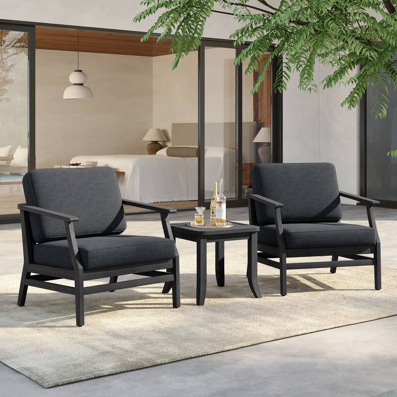 3 Set Outdoor Teak Wood Club Chairs with Side Table - BlackFrame-Dark Grey