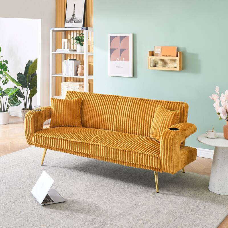 Loveseat Sofa, Adjustable Backrest Corduroy Love Seat Bed w2 Cup holder & 2 Pillows Living Room 2-seat Hollow Armchair