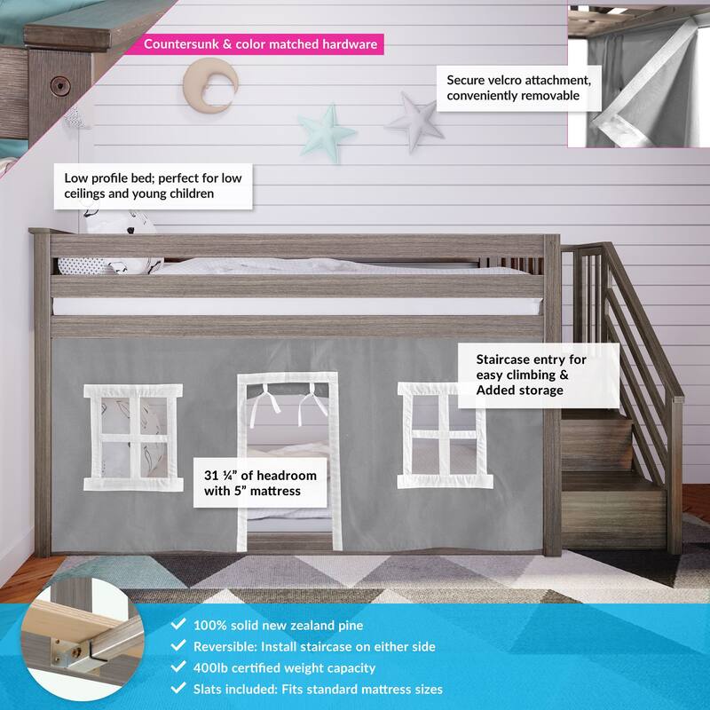 Max and Lily Twin over Twin Low Bunk Bed with Staircase and Curtains