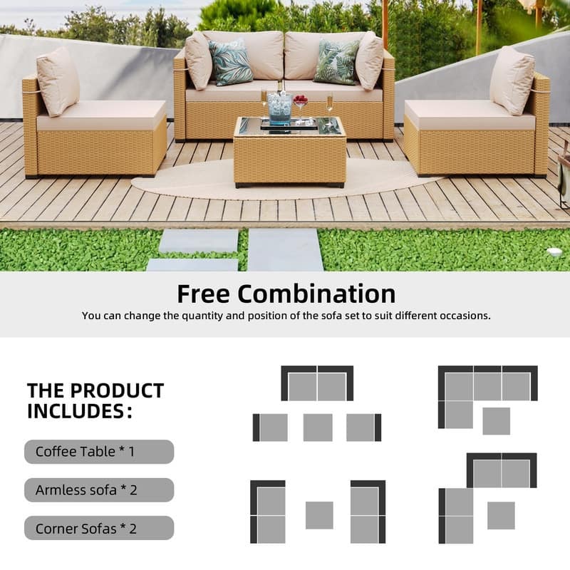 Patio Watcher 5-Pieces Yellow Rattan Conversation Set with Cusions for Outdoors