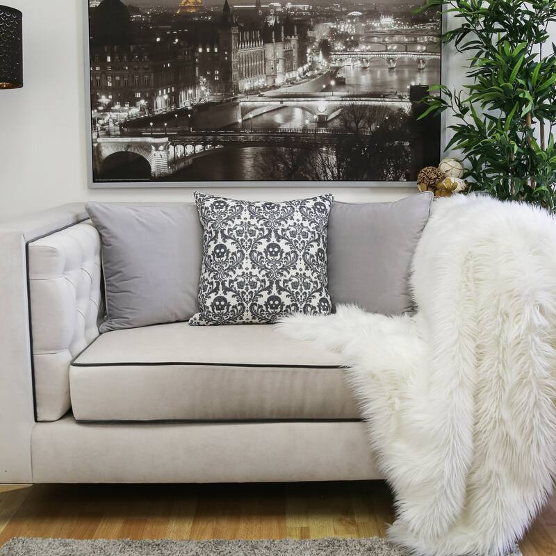 Baroque Skull Throw Pillow - Black & White Day of the Dead Accent Cushion