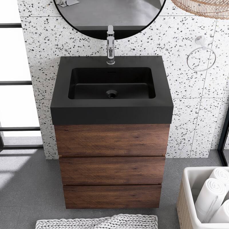 Freestanding Bathroom Vanity with Black Solid Surface Top