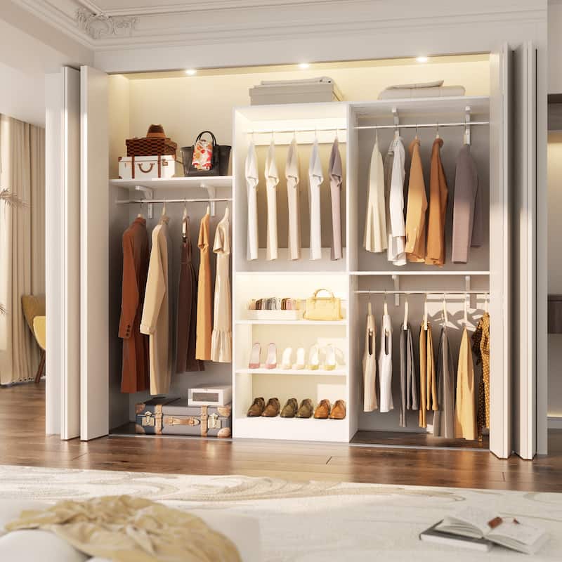 96'' W Walk-in Closet System with 4 Hanging Rods and 3 Shelving Towers, Sturdy Closet Organizer with Storage Shelves - White